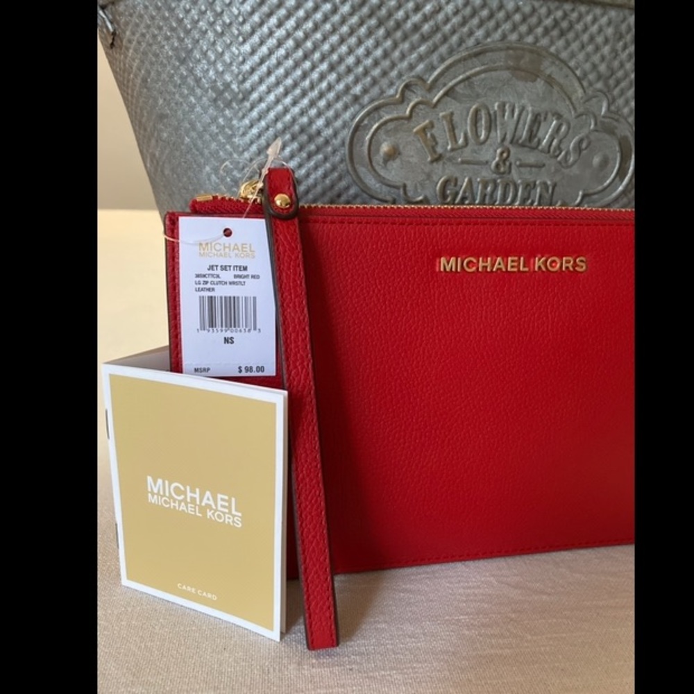 MICHAEL KORS MK LARGE LEATHER CLUTCH WRISTLET RED - Picture 4 of 10